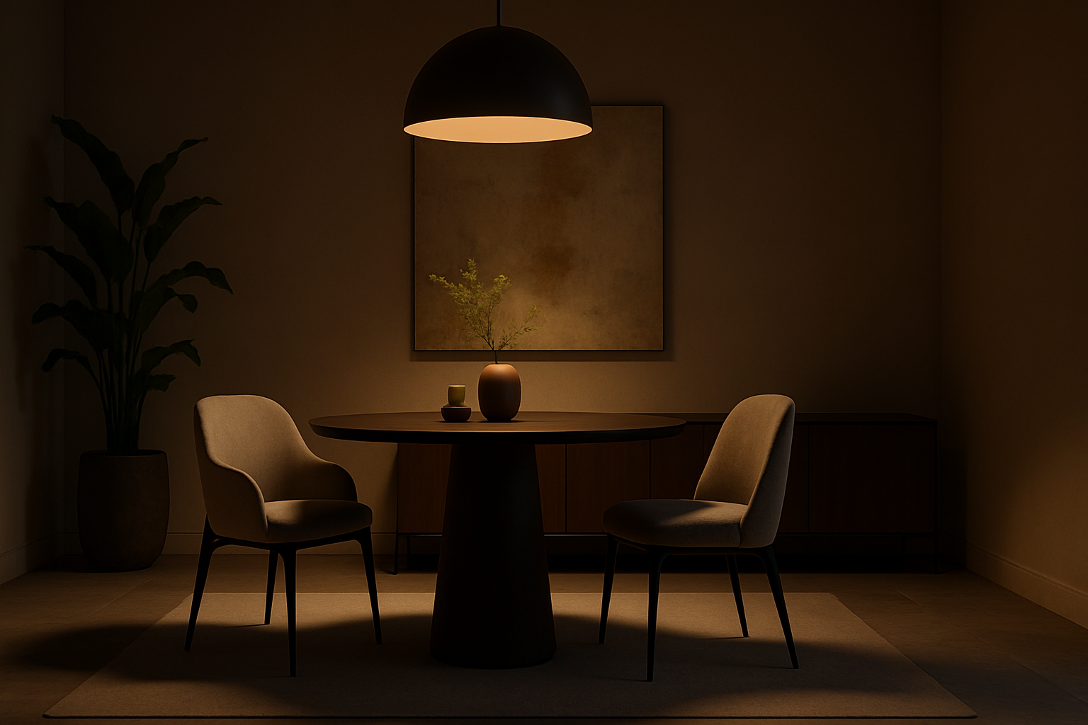 02. Comedor con luz cenital cálida, luz ambiental baja y foco de acento sobre arte