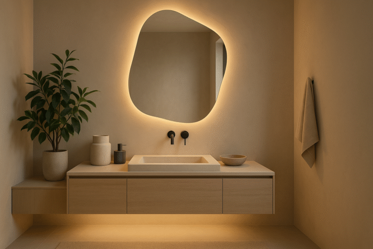 03. Baño minimalista con luz cálida en espejo retroiluminado