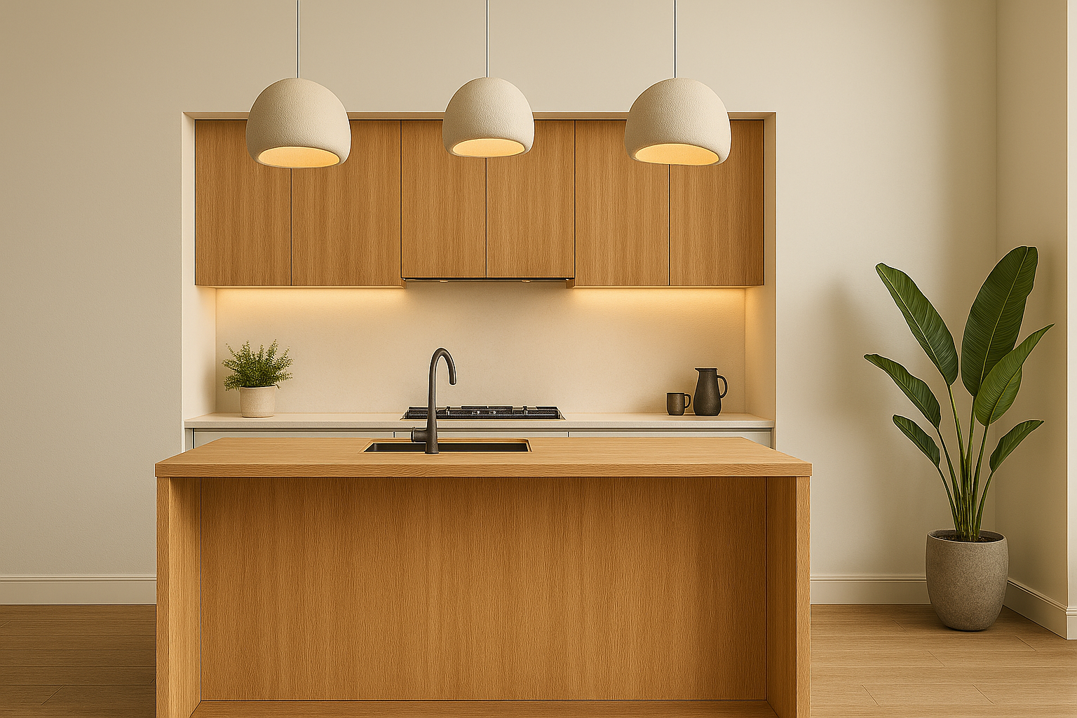 03. Cocina abierta con focos cálidos sobre superficie de madera clara.