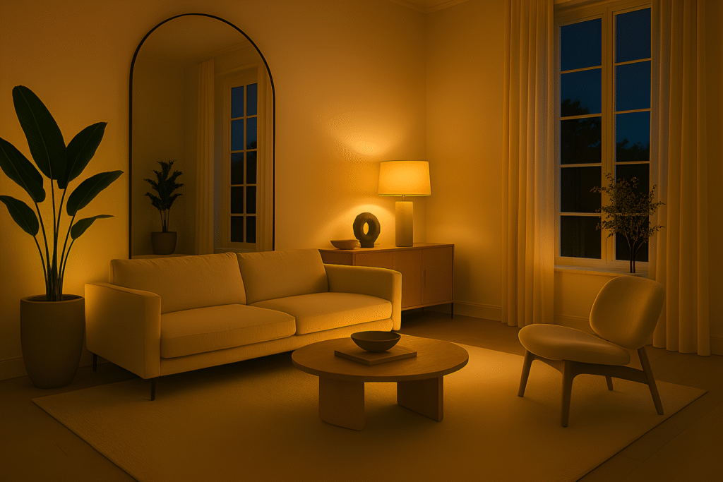 04. Salón con espejo grande junto a fuente de luz natural. Noche