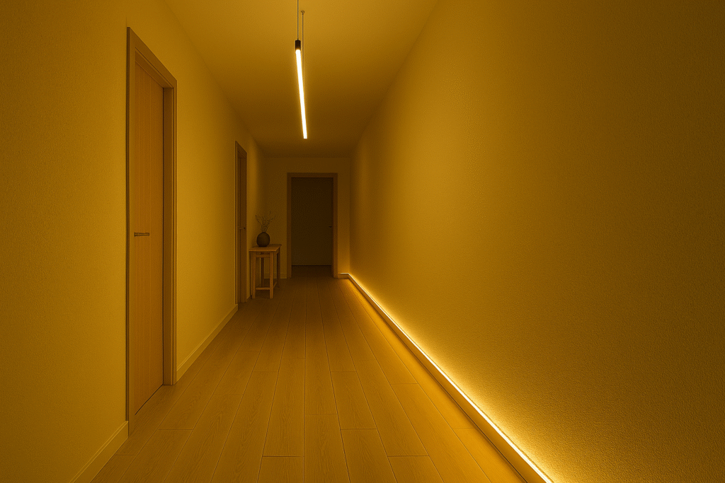 05. Pasillo con luz continua en base de pared que guía el recorrido. Noche