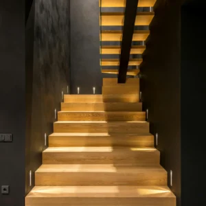 Escalera Minimalista con Iluminación Técnica y Paredes Negras
