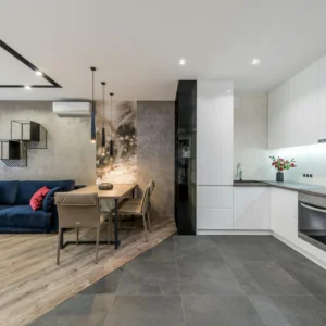 Dikigai LookBook_IMG303 Cocina Minimalista en Blanco y Gris con Comedor Integrado