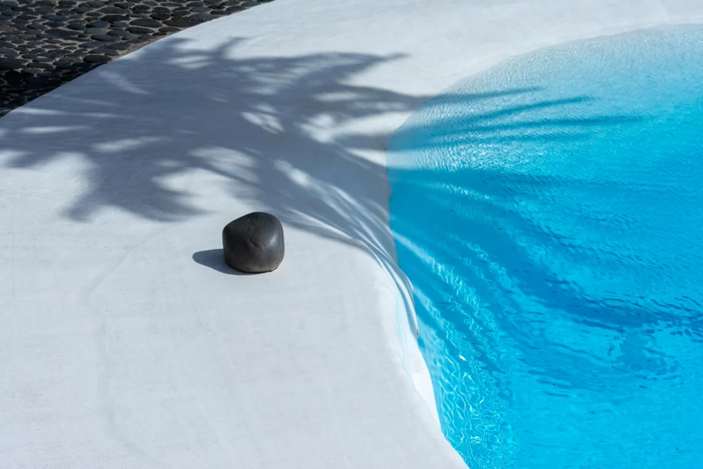 inicio Piscina minimalista con borde orgánico y piedra volcánica