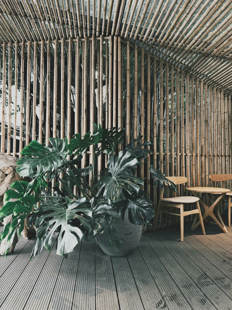inicio Terraza con cerramiento de bambú y mobiliario natural