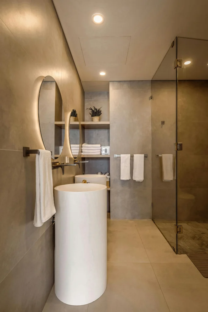 Baño Minimalista en Tonos Grises con Lavabos Cilíndricos