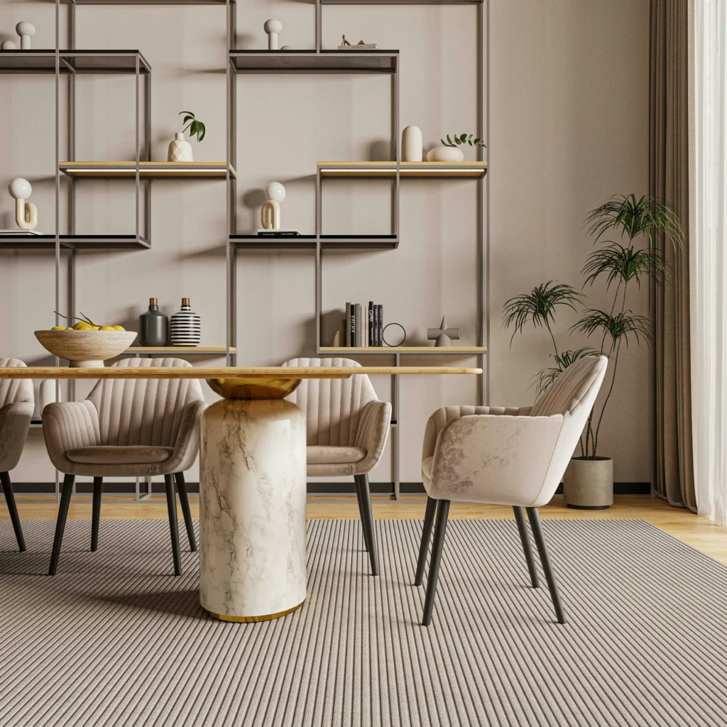 Comedor Contemporáneo con Detalles en Mármol y Estantería Modular