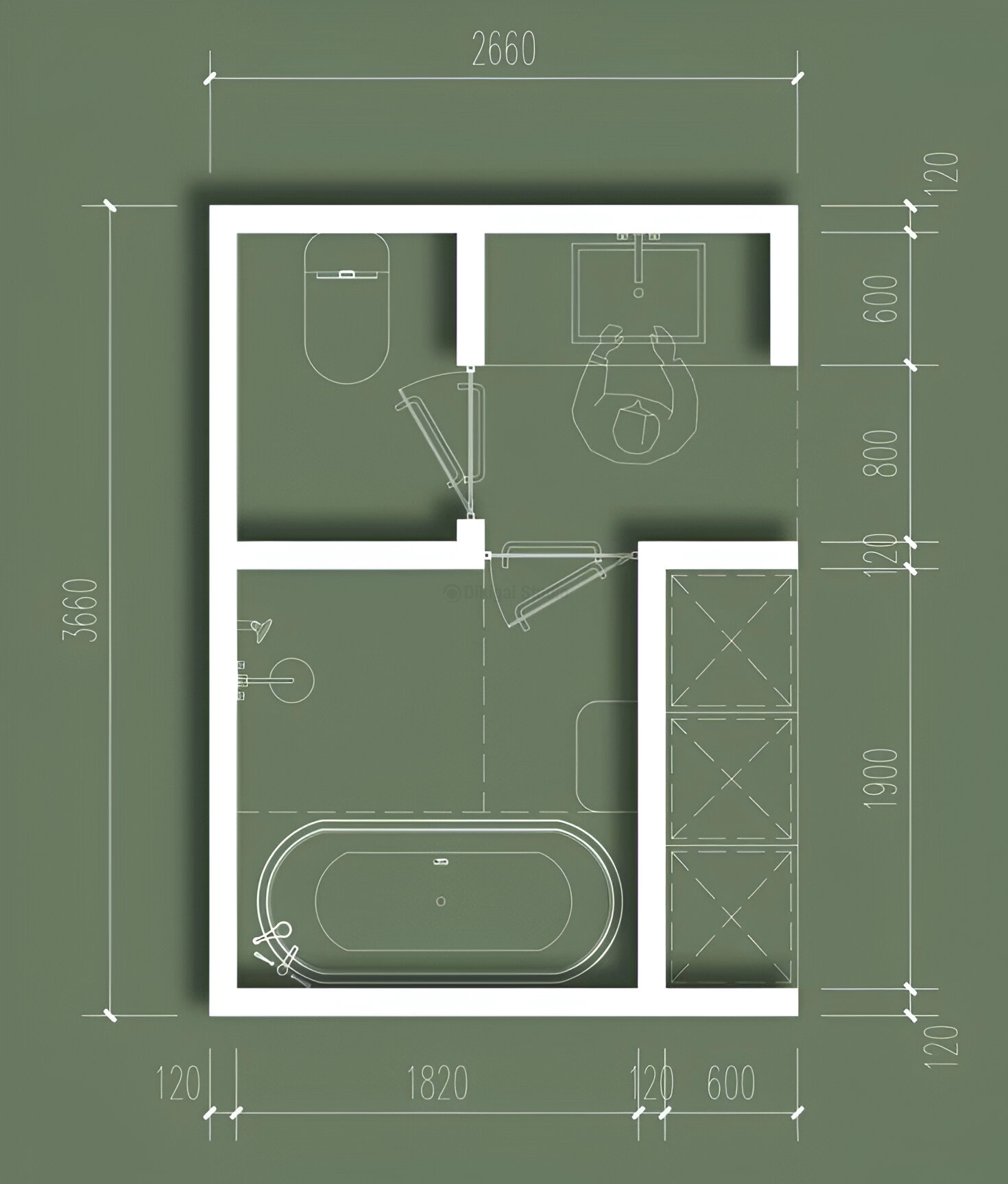 Plano técnico de baño con bañera y zona de ducha integrada