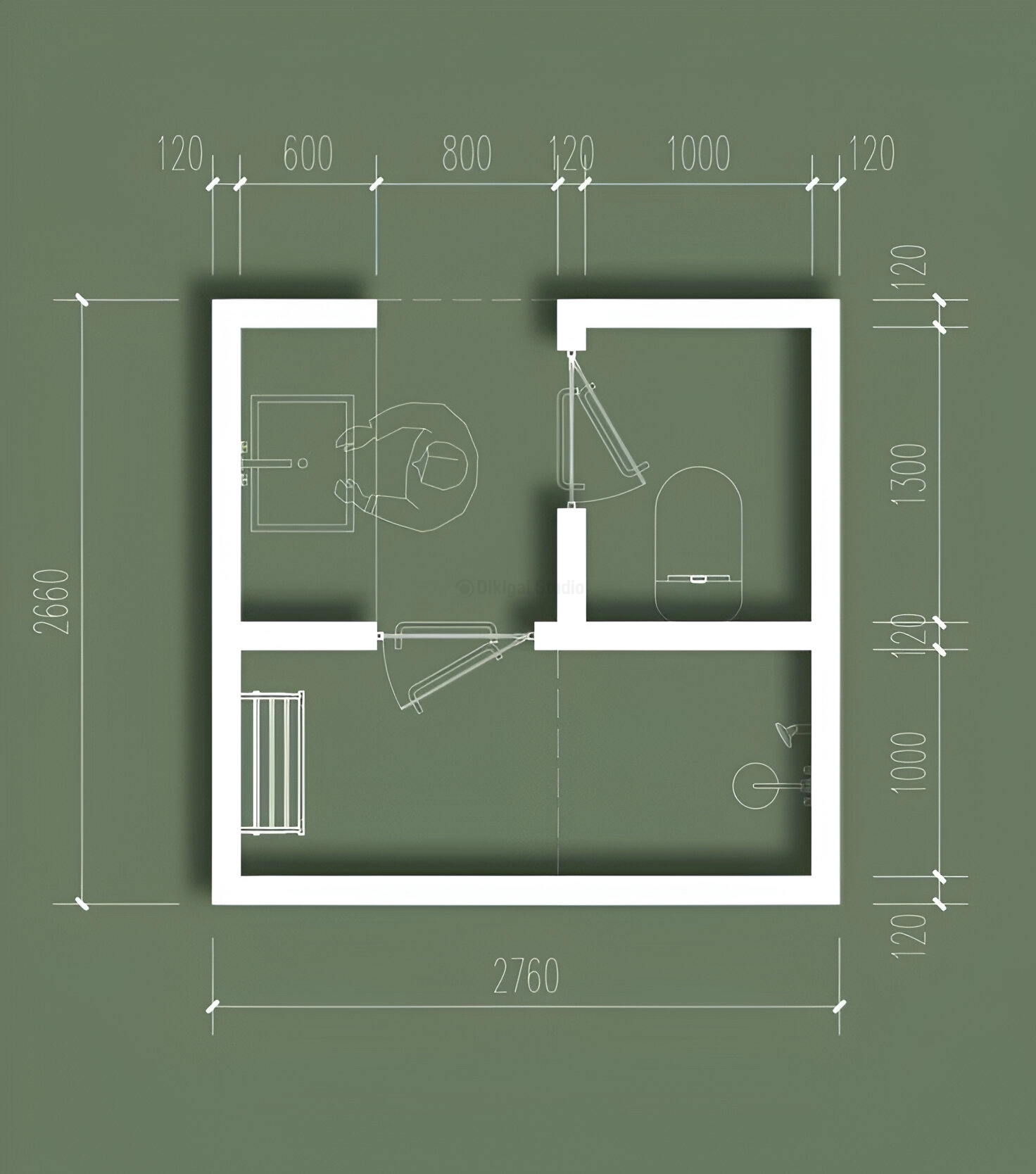 Plano técnico de baño compacto con lavabo frontal y ducha lateral