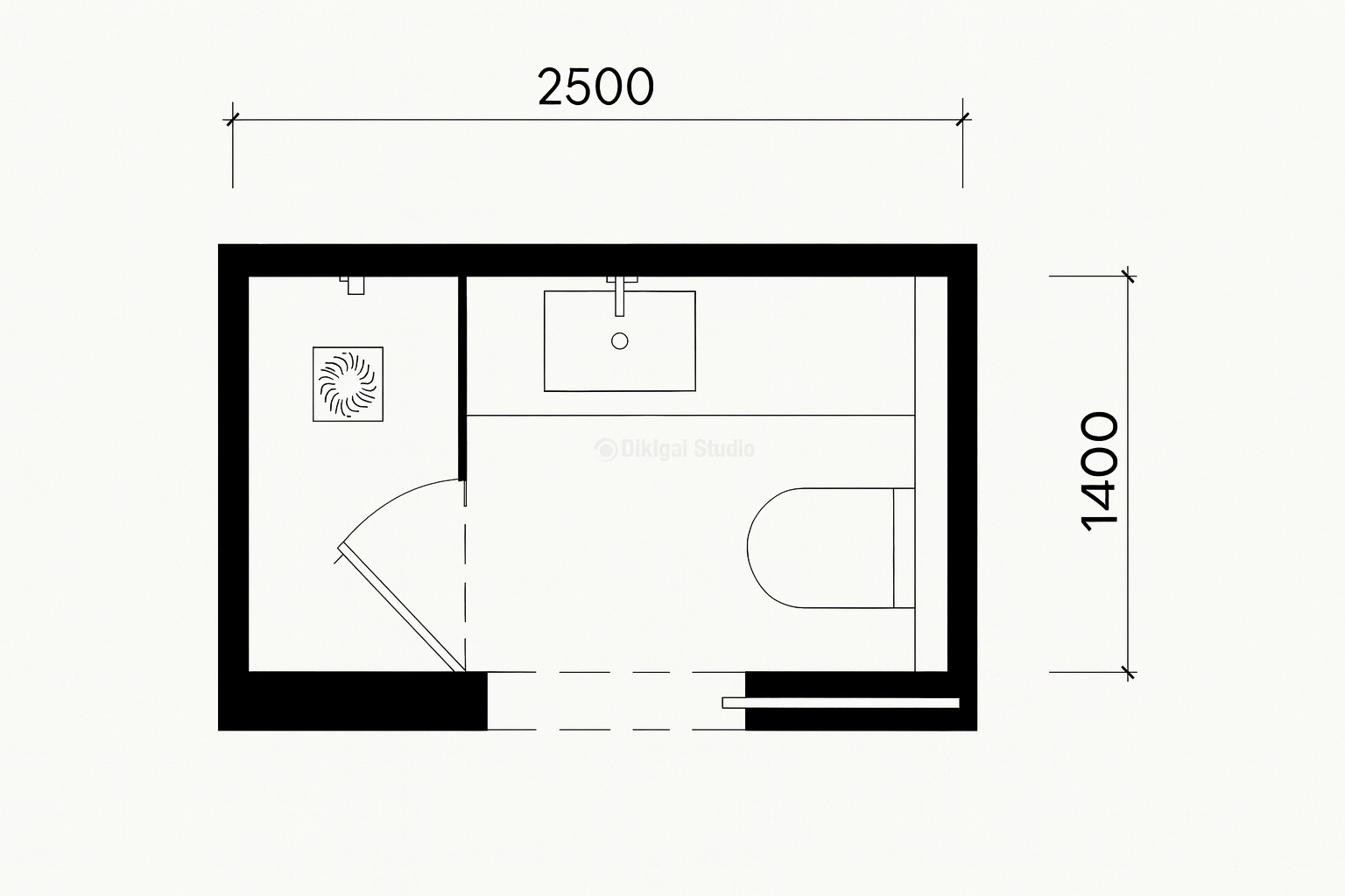 Plano arquitectónico de baño rectangular con ducha e inodoro