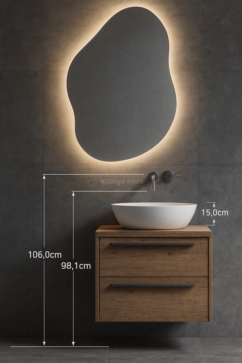 Detalle constructivo de lavabo sobre encimera con espejo orgánico retroiluminado