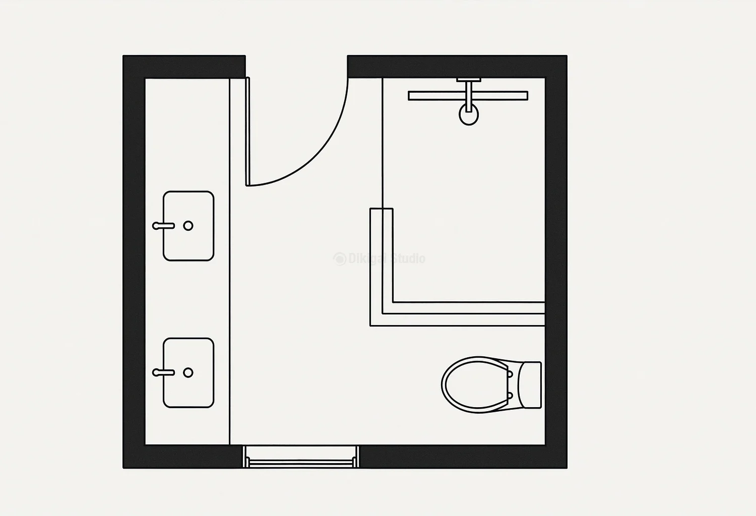 Plano arquitectónico de baño compacto con doble lavabo y ducha integrada