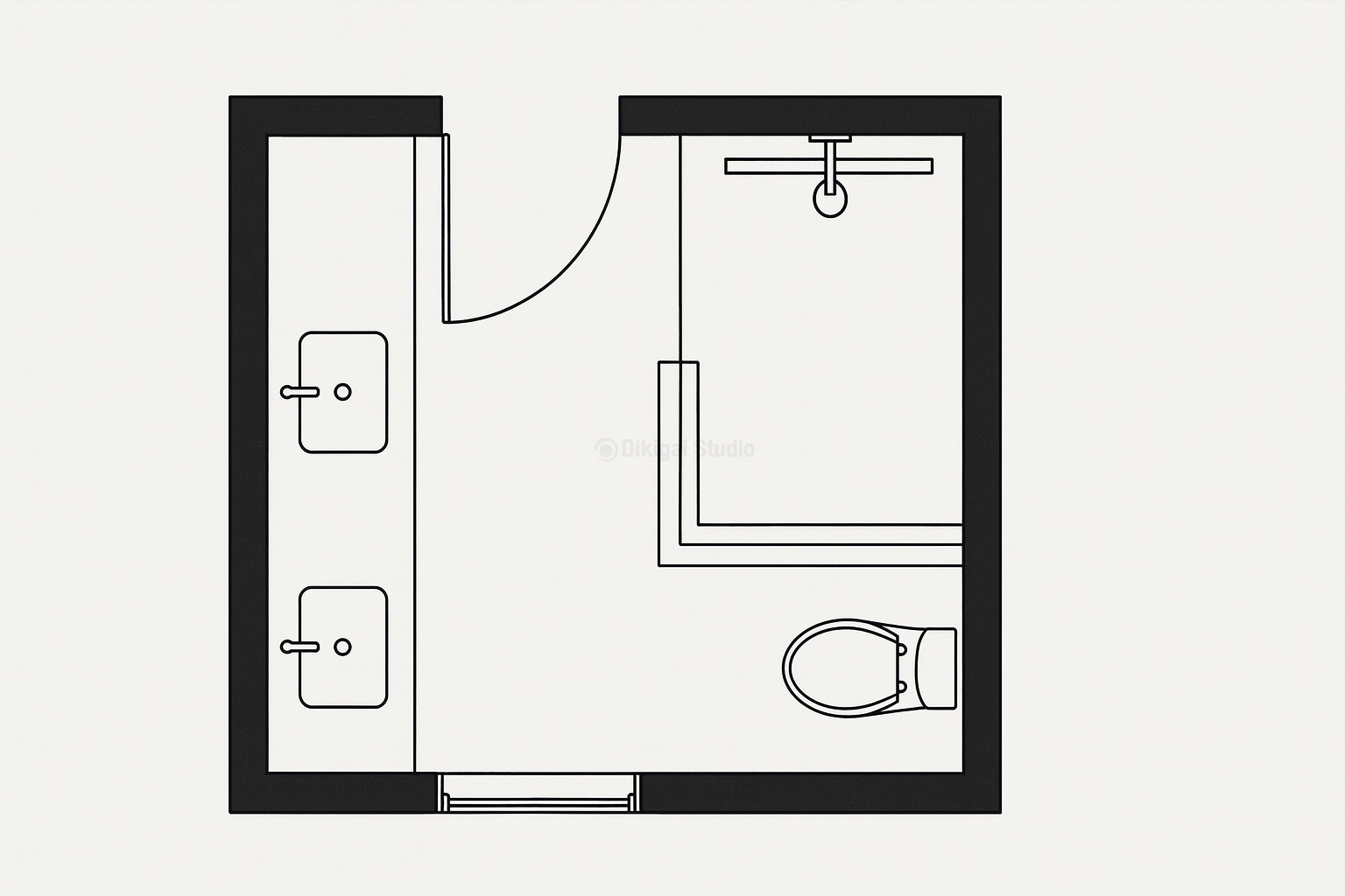Plano arquitectónico de baño compacto con doble lavabo y ducha integrada