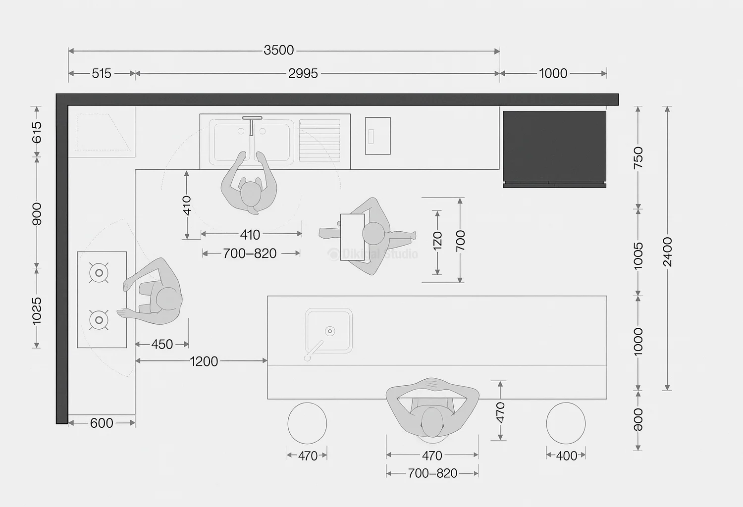 Plano técnico de cocina abierta con barra y área de trabajo funcional