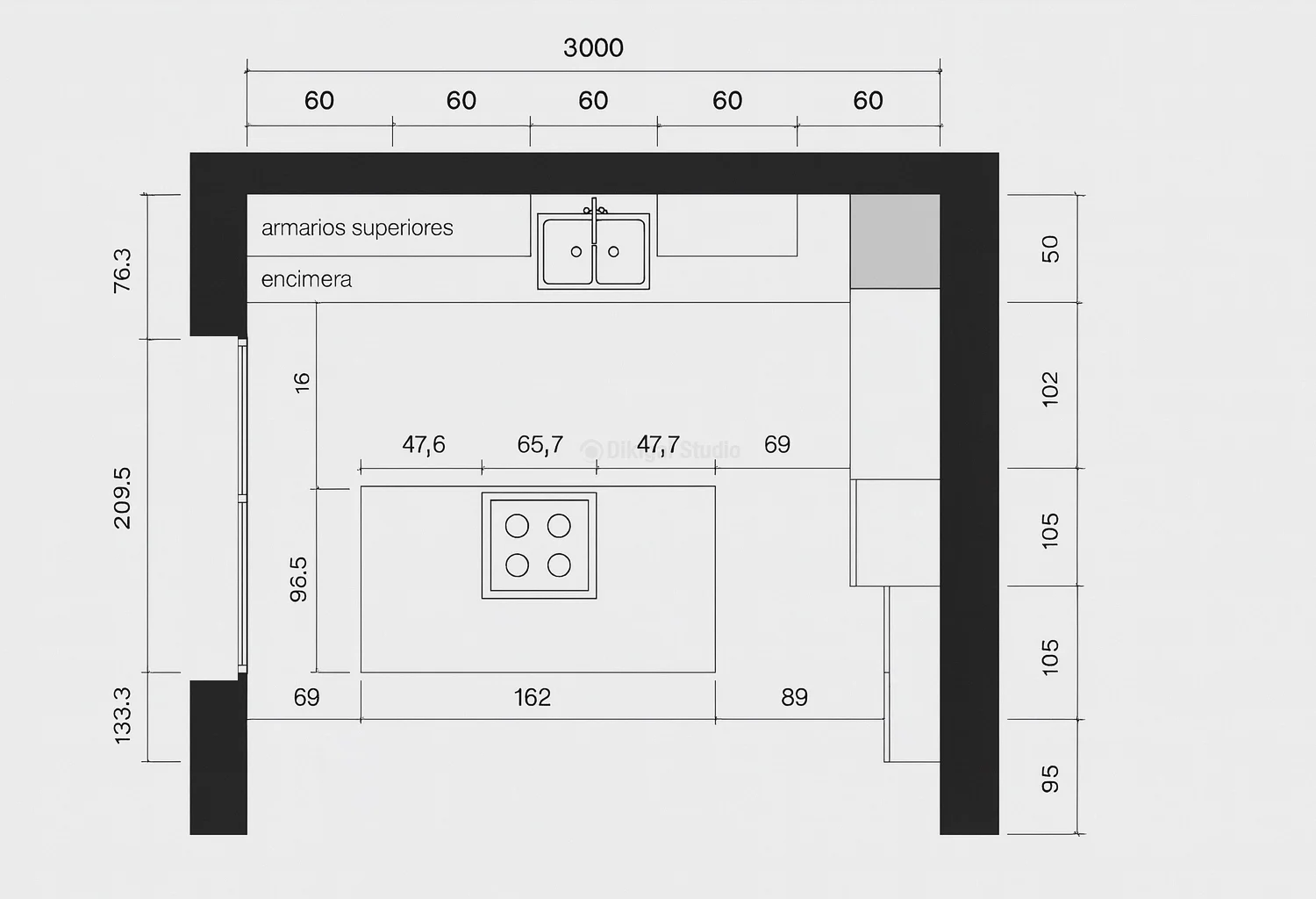 Plano arquitectónico de cocina compacta con isla central