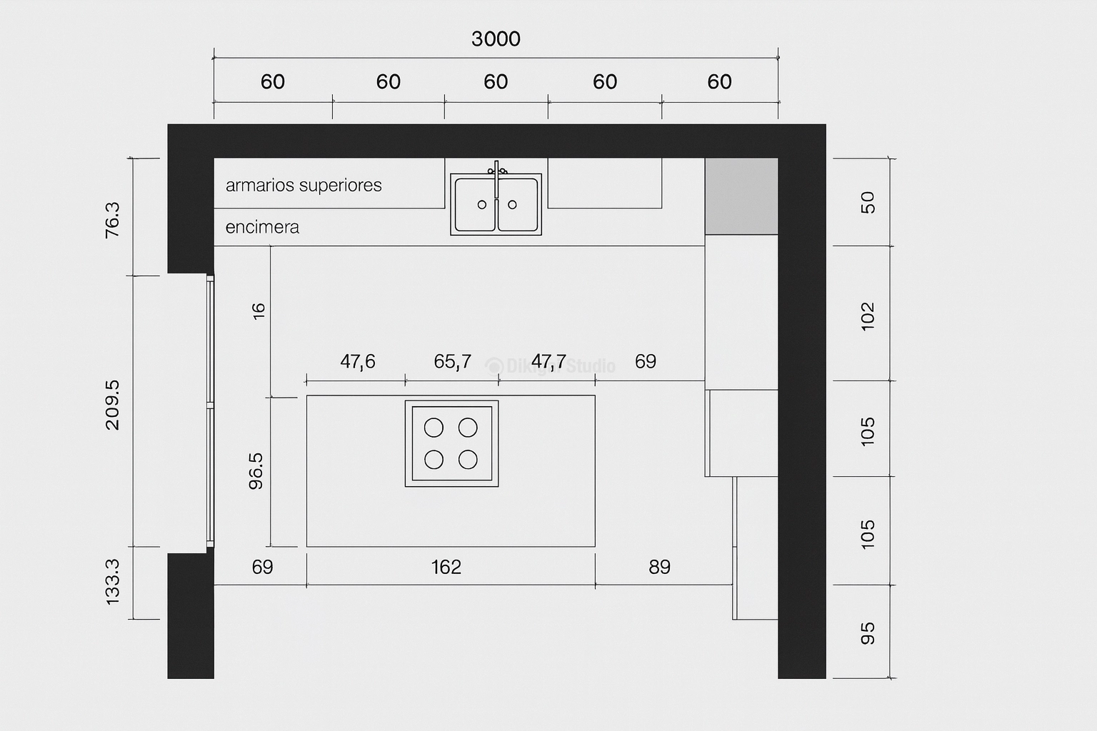 Plano arquitectónico de cocina compacta con isla central