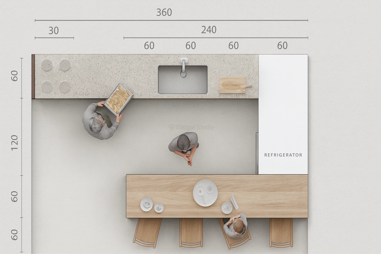 Render técnico de cocina en L con isla y mobiliario en madera clara