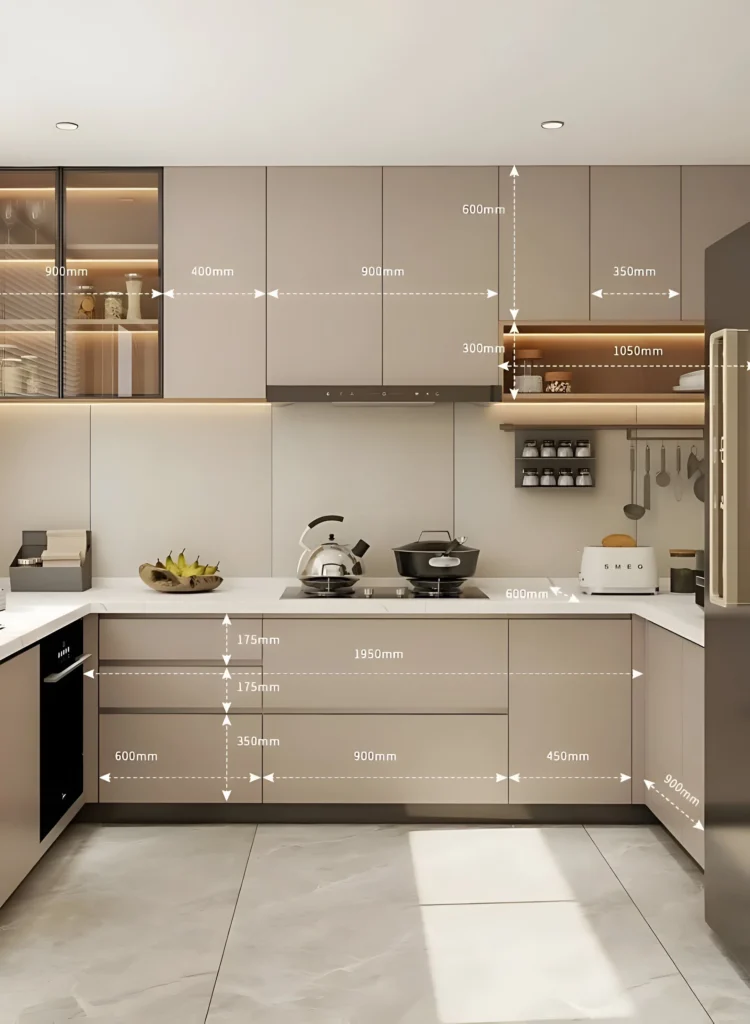 Detalle técnico de cocina en L con mobiliario modular y texturas neutras
