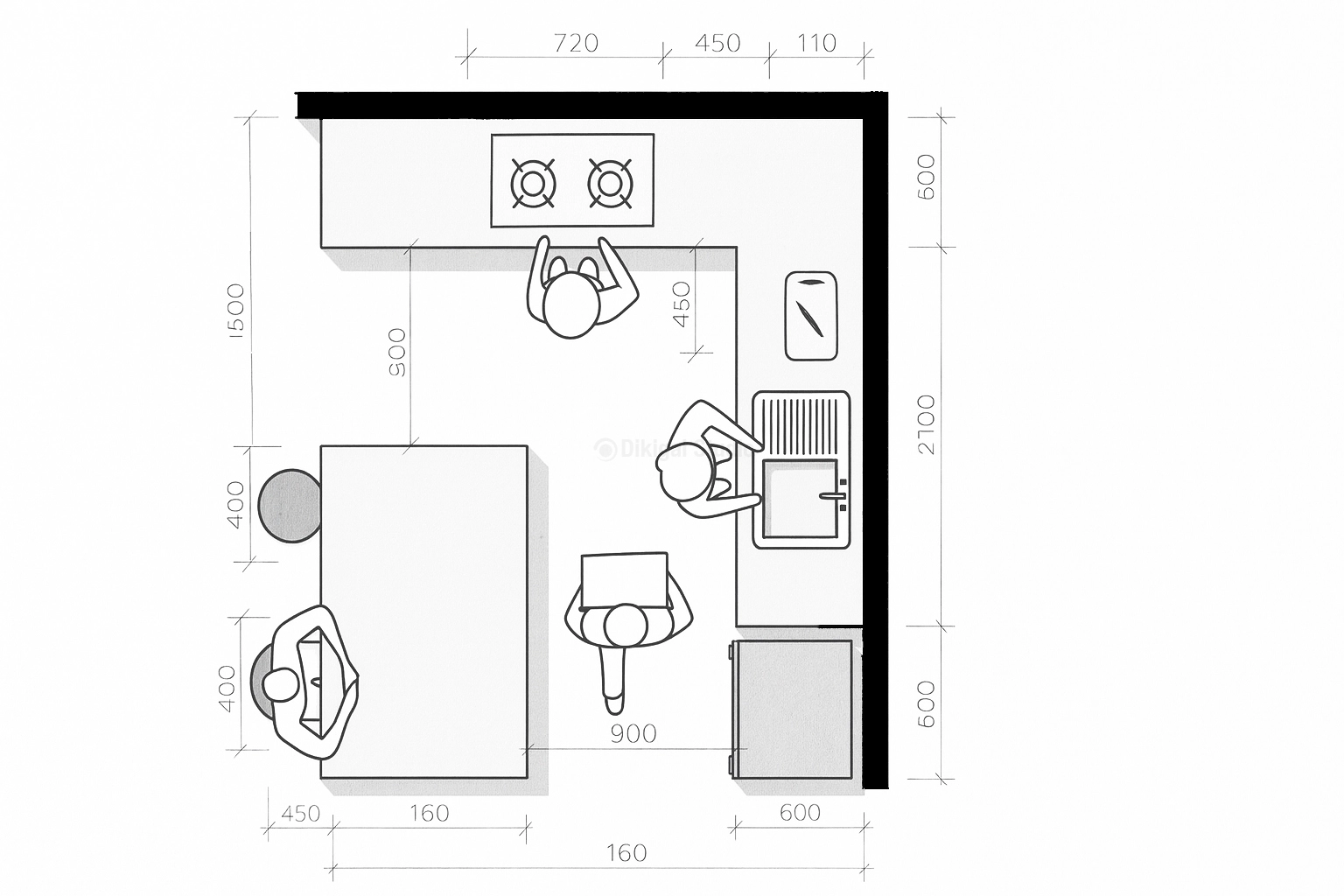 Plano técnico de cocina en L con comedor auxiliar