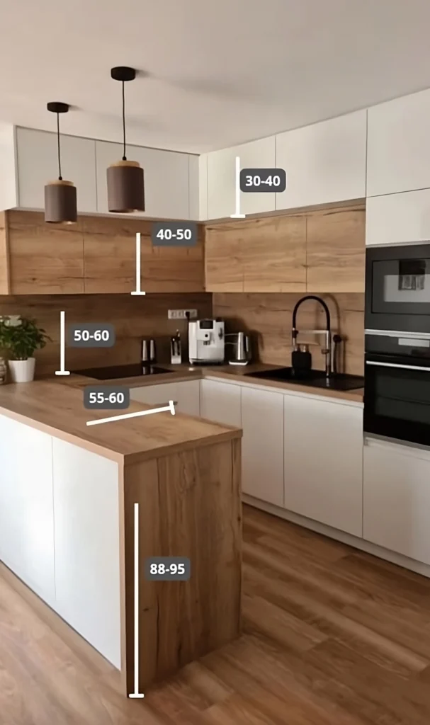 Detalle constructivo de cocina en L con isla y mobiliario en madera clara