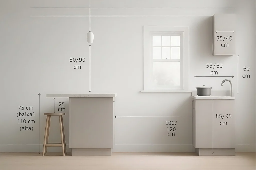 Alzado técnico de cocina minimalista con barra y mobiliario compacto
