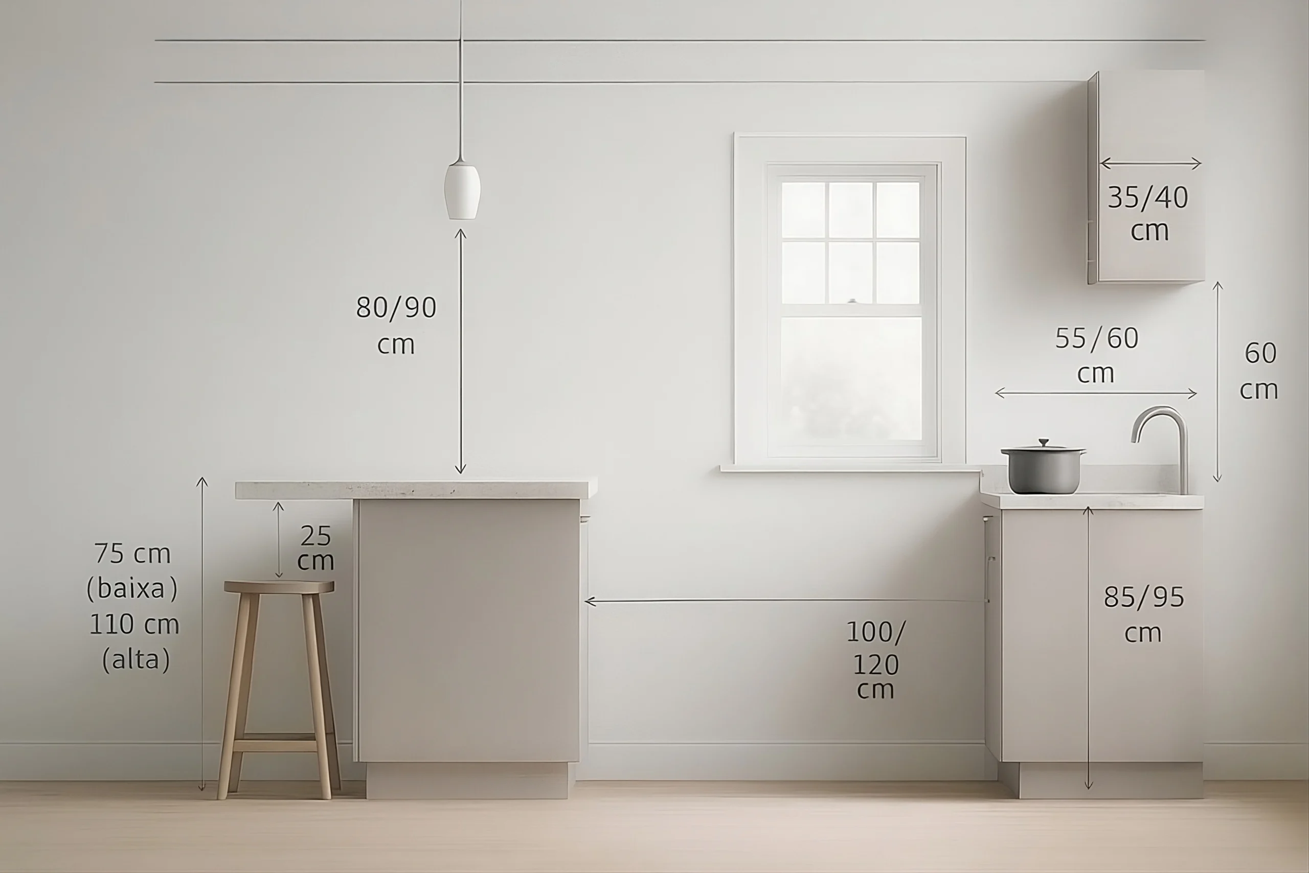 Alzado técnico de cocina minimalista con barra y mobiliario compacto