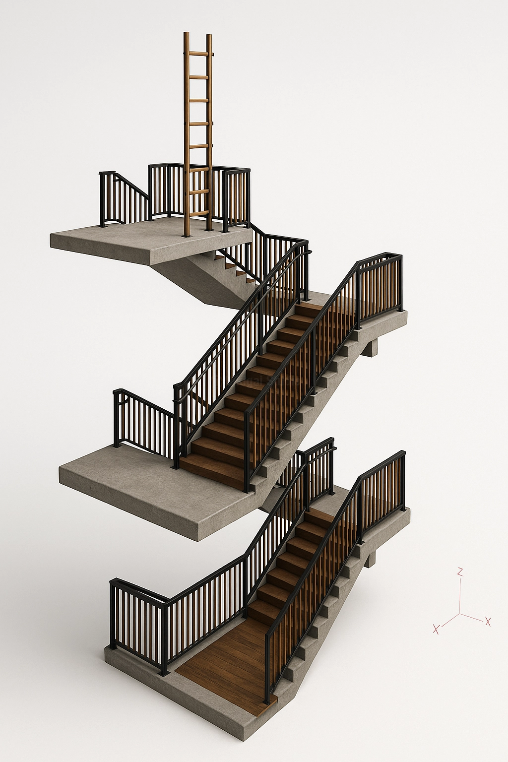 Isométrico de escalera metálica con peldaños de madera