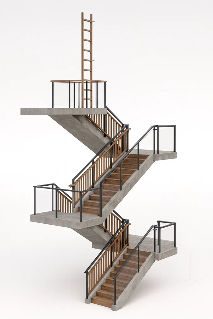 Isométrico de escalera con barandales en vidrio y madera