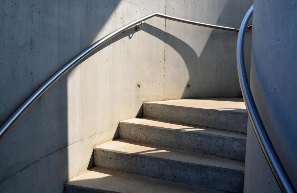 Escaleras curva en hormigón visto con barandal metálico