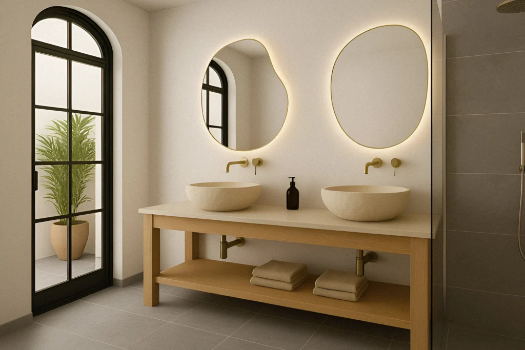 inicio Baño Mediterráneo con Lavabos de Piedra y Espejos Orgánicos Retroiluminados