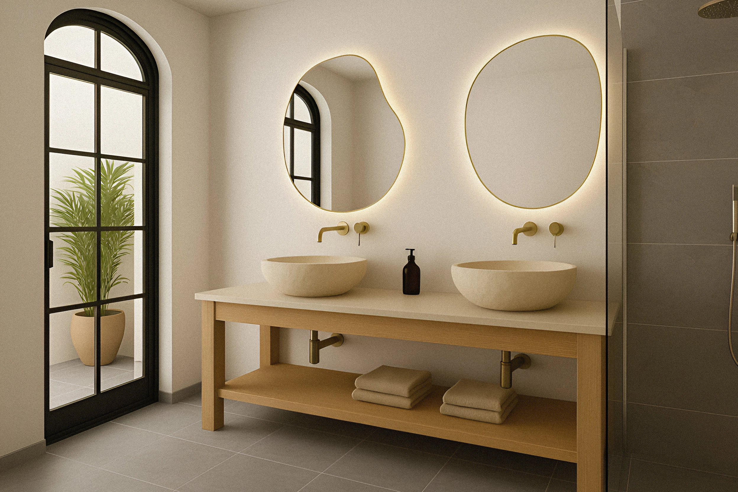 Baño Mediterráneo con Lavabos de Piedra y Espejos Orgánicos Retroiluminados