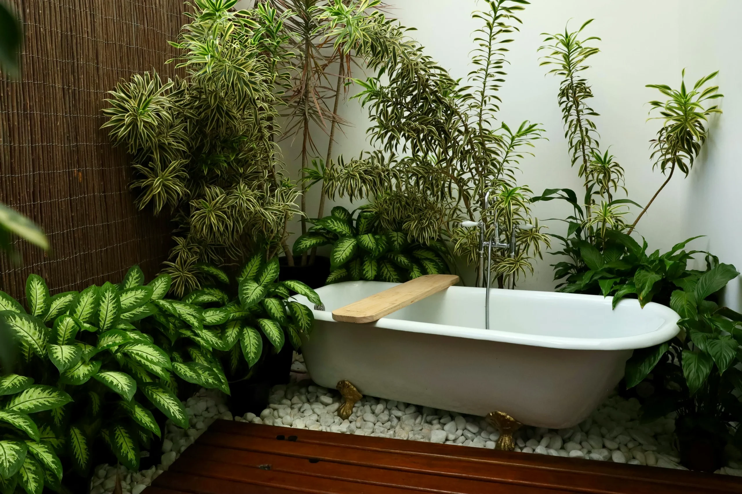 Baño Exterior de Inspiración Tropical con Bañera Exenta Clásica y Jardín Exuberante