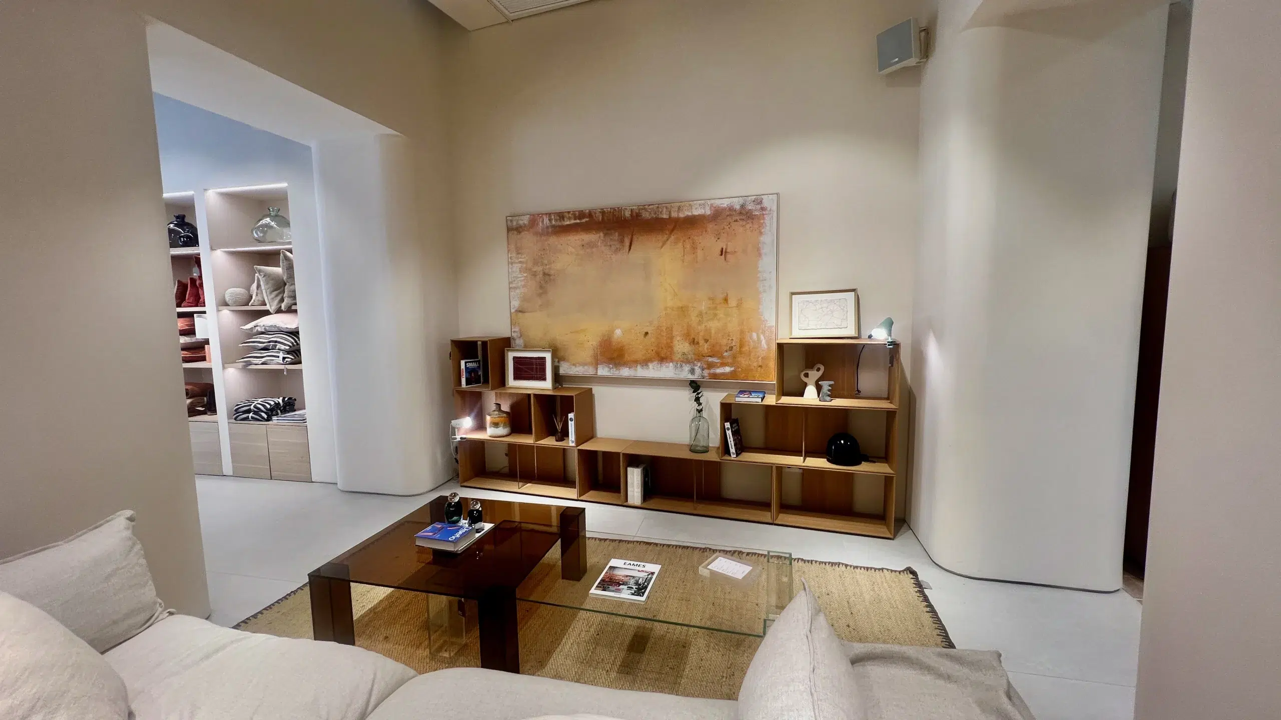 Salón Minimalista con Sofá de Lino y Estantería Baja de Madera