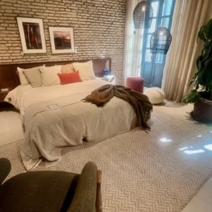 Suite Estilo Loft con Pared de Ladrillo Visto y Mobiliario de Madera Oscura