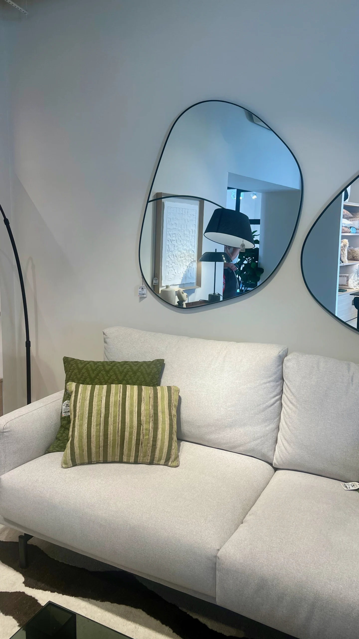 Salón Contemporáneo con Espejos Orgánicos y Sofá Neutro