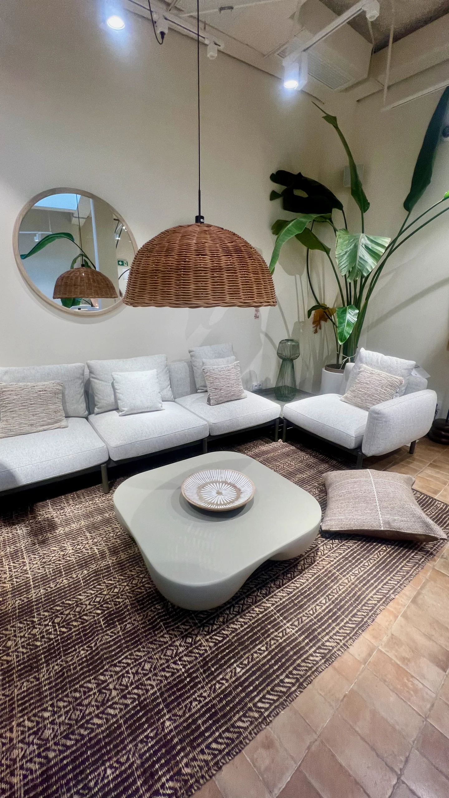 inicio Salón Japandi con Lámpara de Mimbre y Mesa de Centro Orgánica